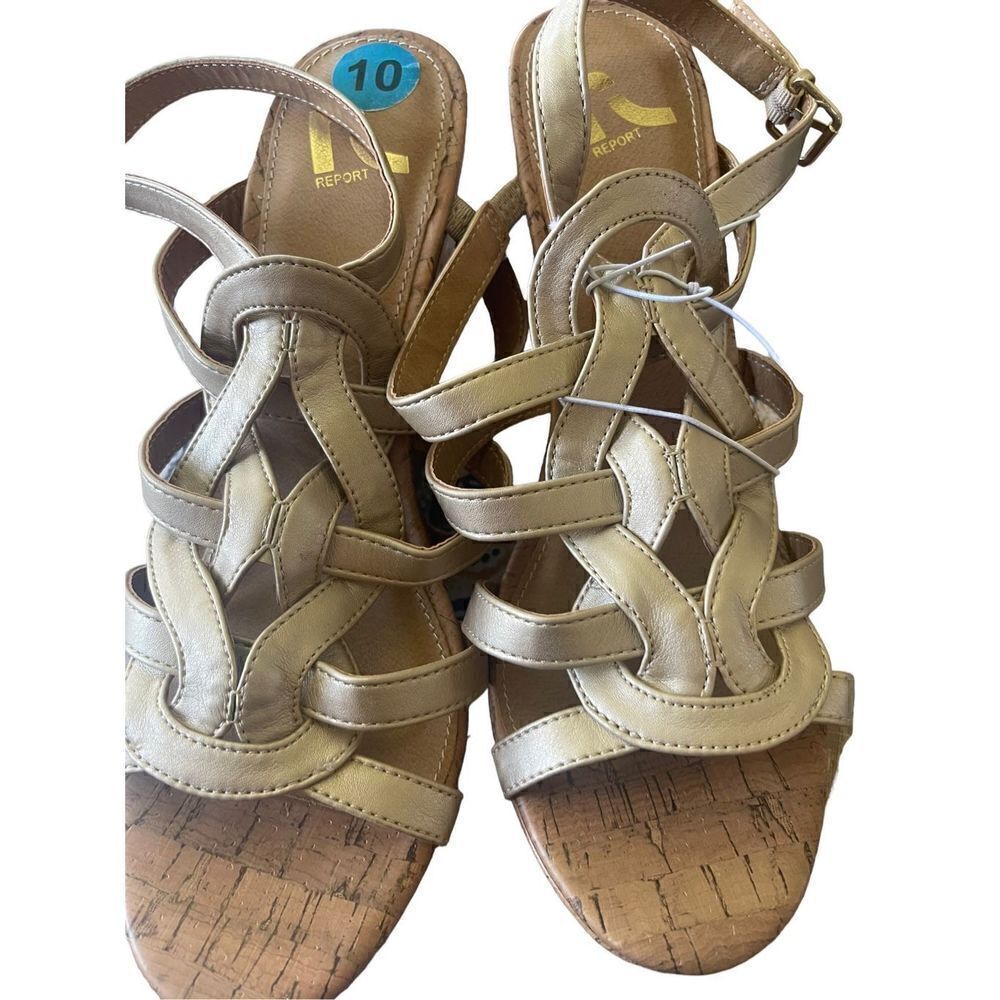Report Women's Tan/Cream Strappy Cork Wedge Sandals Size 10 New without Box